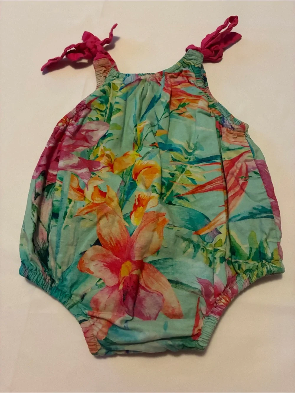 Floral Tie-Shoulder Baby One-Piece in Aqua and Pink